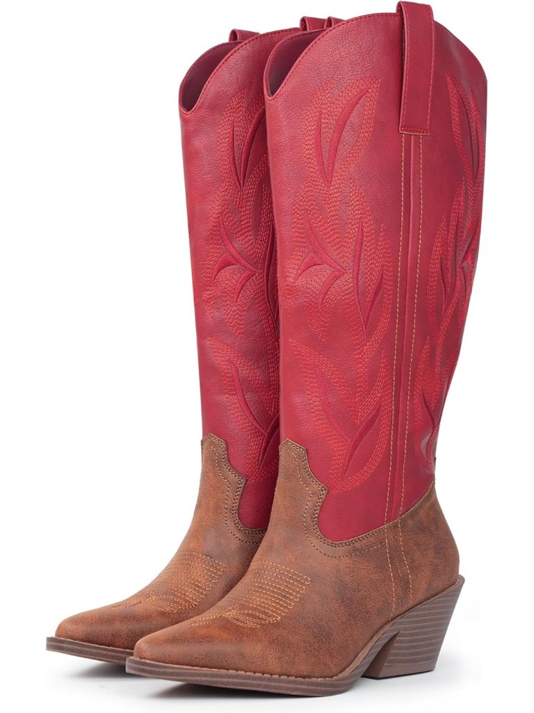 Women's Knee High Boots Snip Toe Red Faux Leather Embroidered Western Boots